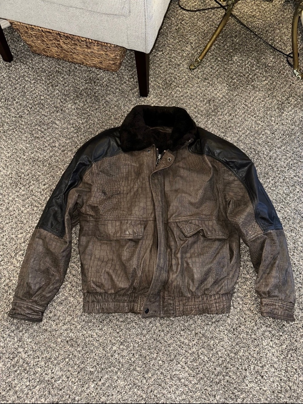Vintage 80s Alan Michaels Brown LeatherBomber Jacket Reptile Mouton Fur Lining